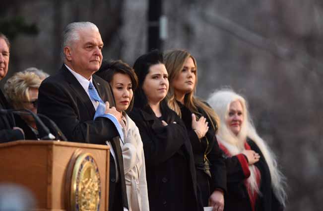 David Calvert photos/The Nevada Independent
Gov. Steve Sisolak stands during an inauguration ceremony on the steps of the Nevada State Capitol in Carson City on Monday.