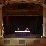 Photo by Carly Sauvageau Steel Raine interviews school board candidate Douglas Dickover at a debate event at the Eureka Opera House on Sept. 7, 2024.