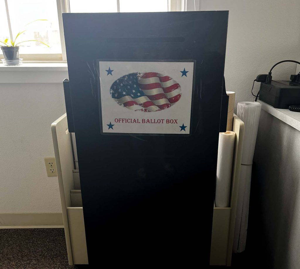 The Crescent Valley ballot box is awaiting ballots at Crescent Valley Town Hall.